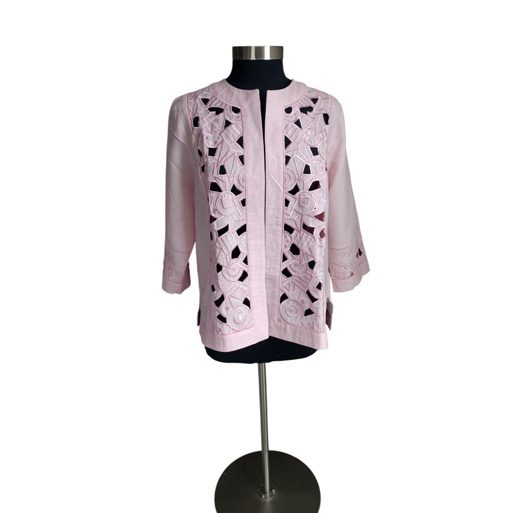 Bob Mackie's Linen/Rayon Medium Geometric Laser Cutout Jacket Pale Pink